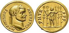COLLECTION OF IMPERIAL AUREI COLLECTION OF IMPERIAL AUREI. MAXIMIAN II. Aureus. Cyzicus (284-294). Laureate head right; MAXIMIANVS AVGVSTVS. Rev. Emperor in military costume with 4 banners, left; P M 