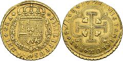 Philip V. 8 escudos, 1725, Madrid, A, "Cross" type. AU 26,84 g. 37,1 mm. AC-2183, Onza-369 (refers to only few specimens known). Encapsulated by NGC AU 55 "Top Pop" (2915377-006). Extremely rare./ Fel