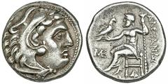 MACEDONIA. Alejandro III. Abydus. Dracma (310-301 a.C.). R/ Monograma ΜΕ a izq., hoja de hiedra bajo el trono. AR 4,2 g. COP-1560. Golpecito en anv. MBC+.