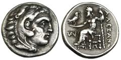 MACEDONIA. Alejandro III. Miletos. Dracma (325-323 a.C.). R/ Zeus entronizado a izq. con águila y cetro; monograma a la izq. y bajo el trono. AR 4,25 g. PRC-2127. Pequeñas marcas. MBC+.