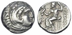 Grecia Antigua MACEDONIA. Lámpsaco. Alejandro III. Dracma (323-317 a.C.). R/ Monograma a izq. de Zeus entronizado; ley.: AΛΕΞΑΝΔΡΟΥ detrás. AR 4,27 g. PRC-1362. MBC.