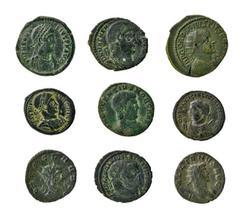 Imperio Romano Lote de 9 bronces: II asaria; Gordiano III; follis, Crispo; antoniniano, Galieno; antoniniano, Claudio II; follis, Teodosio I; follis, Diocleciano; follis, Licinio II; follis, Magnencio