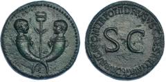 Imperio Romano TIBERIO. Sestercio. A nombre de Druso. Roma (22-23). A/ Cabezas enfrentadas de Tiberio, Gemelo y Germánico Gemelo, nietos de Tiberio, sobre cornucopias cruzadas, en el centro: caduceo. 