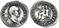 Imperio Romano VESPASIANO. Denario. Lugdunum (70-71). A/ IMP. CAESAR VESPASIANVS AVG. R/ Tito y Domiciano sentados en silla curul; TITVS ET DOMITIAN. CAES. PRINIVE. RIC-293 vte. MBC-. Muy escasa.
