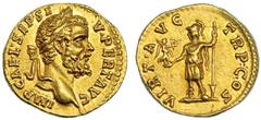 Imperio Romano SEPTIMIO SEVERO. Áureo. Roma (193-194). A/ Busto laureado a der.; IMP. CAE. L. SEP. SEV. PERT. AVG. R/ La Virtud de pie a izq., sostiendo a la Victoria y lanza invertida; VIRT. AVG. TR.