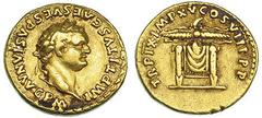 Imperio Romano TITO. Áureo. Roma (80). Como Augusto. A/ Busto laureado a der.; IMP. TITVS CAES VESPASIAN. AVG. P. M. R/ Haz de rayos sobre trono drapeado; TR. P. IX IMP. XV COS. VIII P. P. RIC-23. CH-