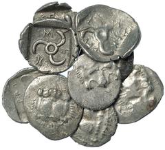 Grecia Antigua LYCIA. Mithrapata. Lote de 9 dióbolos (460-360 a.C.). A/ Cabeza de león de frente. R/ Trisquel dentro de cuadrado incuso. COP-27 vte. De BC+ a MBC+.