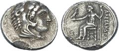 Grecia Antigua ALEJANDRO III. Dracma. Aradus. R/ Letra S a la izq. y monograma bajo el trono. AR 4,09 g. PRC-3317. Golpe al borde. MBC+.