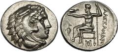 GRECIA ANTIGUA MACEDONIA. ALEJANDRO MAGNO. Abidos (?). Dracma. A/ Cabeza masculina con leonté a der. R/ Zeus entronizado a izq., delante Hermes, debajo, marca de ceca HH. Ley. ΑΛEΞANΔPOY. PRC-1503. CO