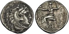GRECIA ANTIGUA MACEDONIA. ALEJANDRO MAGNO. Abidos (?). Dracma. A/ Cabeza masculina con leonté a der. R/ Zeus entronizado a izq., delante Hermes, debajo, marca de ceca HH. Ley. ΑΛEΞANΔPOY. PRC-1503. CO