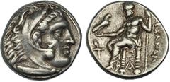 GRECIA ANTIGUA ALEJANDRO III. SARDES. Dracma (334-323 a.C.). R/ Zeus entronizado a izq. con águila y cetro, antorcha a la izq. y monograma bajo el trono. AR 4,25 g. PRC-P110. MBC.