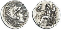 Grecia Antigua MACEDONIA. Alejandro III (a nombre de), Magnesia. Dracma (318-301 a.C.). A/ Cabeza de Heracles con leonté a der. R/ Zeus entronizado a izq. con cetro y águila; delante y debajo del tron