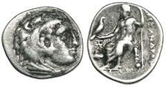 GRECIA ANTIGUA MACEDONIA. ALEJANDRO III. Dracma. Abido (c. 328-323 a.C.). R/ Delante de Júpiter monograma y prótomo de Pegaso. AR 4,19 g. PRC-1506. Pequeñas concreciones. MBC-/BC+.