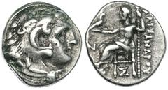 GRECIA ANTIGUA MACEDONIA. ALEJANDRO III. Dracma. Colofón (c. 310-301 a.C.). R/ Debajo del trono S, delante de Júpiter N. AR 4,27 g. PRC-1802. MBC/MBC-.