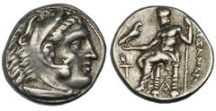 GRECIA ANTIGUA MACEDONIA. A nombre de Alejandro III. Dracma. Sardes (323-319 a.C). R/ Delante del trono antorcha y debajo monograma. AR 4,25 g. PRC-2638. MBC.