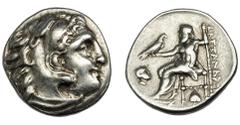 GRECIA ANTIGUA. MACEDONIA. Alejandro III. Dracma. Abydos (310-301 a.C.). A/ Cabeza con leonté a der. R/ Zeus entronizado a izq. con águila y cetro; a la der. ΑΛEΞANΔPOY, a la izq. cabeza de Amón a der