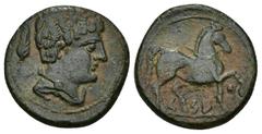 Hispania Antigua HISPANIA ANTIGUA. KESE. Semis. A/ Cabeza masculina con cuello vestido y fíbula a der., detrás palma recta. R/ Caballo avanzando a der. con rienda suelta, glóbulo entre las patas delan