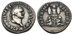 Imperio Romano IMPERIO ROMANO. TITO. Denario. Roma (80 d.C.). A/ Cabeza laureada a der.; IMP TITVS CAES VESPASIAN AVG P M. R/ Dos cautivos flanqueando trofeo; TR P IX IMP XV COS VIII P P. AR 3,42 g. 1