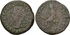 HISPANIA ANTIGUA. ITALICA. Tiberio. Dupondio. A/ Cabeza radiada a izq., delante haz de rayos, encima estrella; PERM AVG DIVVS AVGVSTVS PATER. R/ Livia entronizada a izq. con espigas y cetro; MVN ITALI