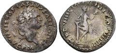 IMPERIO ROMANO. TITO. Denario. Roma (79 d.C.). A/ Cabeza laureada a der.; IMP TITVS CAES VESPASIAN AVG P M. R/ Venus a der., apoyada en columna con casco y lanza; TR P VIIII IMP XIIII COX VI P P. AR 3