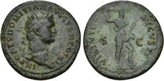 IMPERIO ROMANO. DOMICIANO. Dupondio. Roma (85 d.C.). A/ Cabeza radiada con égida a der.; IMP CAES DOMITIAN AVG GERM COS XI. R/ Virtus a der. con lanza, parazonium y pisando casco; VIRTVTI AVGVSTI, S-C