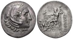 GRECIA ANTIGUA. MACEDONIA. Alejandro III (a nombre de). Temnos. Tetradracma. A/ Cabeza de Alejandro con leonté a der. R/ Zeus entronizado a izq. , delante oinochoe con vides, delante del trono EXENI/K