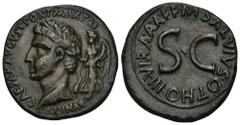 PERIODO DE JULIO CÉSAR A AUGUSTO. Dupondio. Roma (7 a.C.). A/ Cabeza de Augusto laureada a izq., detrás Victoria con cornucopia; CAESAR AVGVST PONT MAX TRIBVNIC POT. R/ S C, alrededor M SALVIVS OTHO I