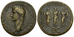IMPERIO ROMANO. CALÍGULA. Sestercio. Roma (37-38 d.C.). A/ Cabeza laureada a izq.; C CAESAR AVG GERMANICVS PON M TR POT. R/ Las tres hermanas de Calígula rerpresentadas como virtudes: Agripina-Securit