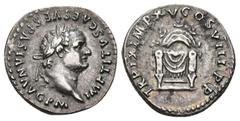 IMPERIO ROMANO. TITO. Denario. Roma (80 d.C.). A/ Cabeza laureada a der.; IMP TITVS CAES VESPASIAN AVG P M. R/ Asiento decorado rematado en crecientes; TR P IX IMP XV COS VIII P P. AR 3,32 g. 18 mm. R