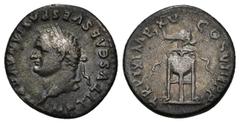 IMPERIO ROMANO. TITO. Denario. Roma (80 d.C.). A/ Cabeza laureada a izq.; IMP TITVS CAES VESPASIAN AVG P M. R/ Trípode, encima delfín; TR P IX IMP XV COS VIII P P. AR 3,15 g. 17,2 mm. RIC-129. MBC-/MB