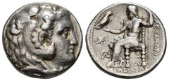 GRECIA ANTIGUA GRECIA ANTIGUA. MACEDONIA. Alejandro III. Tetradracma. Seleucia del Tigris (c. 305-295 a.C.). R/ Delante del trono casco ático a izq. y monograma, debajo del trono monograma AI. AR 17.0