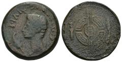 HISPANIA ANTIGUA HISPANIA ANTIGUA. EMISIONES DEL NOROESTE O DE LA CAETRA. Augusto. Dupondio. A/ Cabeza a izq., delante palma, detrás caduceo; IMP AVG DIVI F. R/ Rodela entre falcata y cuchillo. AE 19,