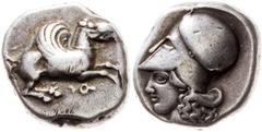 Griechische Münzen Korinth Korinthos Stater 4. Jahrhundert v.Chr. 8,44 g. Nach rechts fliegender Pegasus, darunter F / Kopf der Athena mit Helm nach links, dahinter E und Bogen. BMC 328, SNG Cop. 103.
