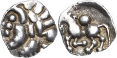 Keltische Münzen Süddeutschland Vindeliker Quinar 1. Jhd. v. Chr. Gruppe A 1. Stilisierter Kopf mit Kugelmuster nach links / Stilisiertes Pferd nach links, darüber große Kugel nahe am Pferderücken Kel