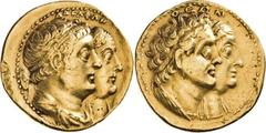 Griechische Münzen Ägypten Königreich der Ptolemäer Ptolemaios II. 285-246 v. Chr. für Ptolemaios II., Arsinoe II., Ptolemaios I. und Berenike I. Gold-Oktodrachme, Alexandria. 26,50 g. Büsten des Ptol