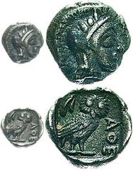 Griechische Münzen Attika Athen Obol 454-404 v. Chr. 0,68 g. Athenakopf mit Helm nach rechts / Eule nach rechts, dahinter Olivenzweig. BMC - (vgl. 96 ff), SNG Cop. 55. Kroll 13. Selten, sehr schön+