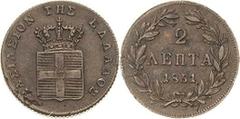 Griechenland Otto I. 1832-1862 2 Lepta 1851, Athen Divo 28 a Selten. Sehr schön-vorzüglich