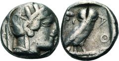 Attika Athen Drachme 527-490 v. Chr., Athen Athenakopf mit attischem Helm nach rechts / Eule mit frontalem Kopf nach rechts stehend, Olivenzweig und Mondsichel BMC 62 SNG Cop. 37 15.89 g. Revers klein