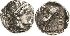 Attika Athen Tetradrachme 479/393 v. Chr. Athenakopf mit Helm nach rechts / Eule steht nach rechts, darüber Ölzweig und Halbmond BMC 48 var. (Tf. III,8) SNG Cop. 37 var 17.05 g. Zwei kl. Prüfhiebe, Se