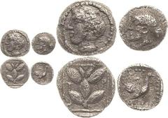 Thrakien Trieros Hemiobol 450-420 v. Chr. Kopf des Apollo mit Lorbeerkranz nach links / T - P - I - E um Lorbeerzweig im Linienquadrat. Dazu Hemiobol 5. Jd.v.Chr., 0,29 g. Kopf eine Nymphe mit Haube n