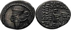 Griechische Münzen Parther Reich der Arsakiden Vologases I. 51/52-79/80 Drachme, Ecbatana? Später abstrahierter Stil. Kopf mit Diadem nach links, Arsakes spannt den Bogen nach rechts SNG Cop. 192 Sell