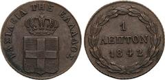 Ausländische Münzen und Medaillen Griechenland Otto I. 1832-1862 1 Lepton 1842, Athen Divo 29 i Karmitsos 29 KM 13 Fast vorzüglich
