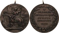 Thematische Medaillen und Plaketten Olympische Spiele und Kongresse Bronzemedaille 1896 (W. Pittner) Für die Teilnehmer der 1. Olympischen Spiele der Neuzeit in Athen. Halbrechts sitzende Viktoria, de