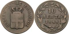 Ausländische Münzen und Medaillen Griechenland Otto I. 1832-1862 10 Lepta 1848, Athen Divo 20 b KM 29 Revers kl. Schrötlingsfehler, fast sehr schön/sehr schön