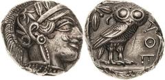 Griechische Münzen Attika Athen Tetradrachme 5./4. Jhd. v. Chr. Athenakopf nach rechts / Eule nach rechts, dahinter Ölzweig BMC 67 var. SNG Cop. 31 17.19 g. Prachtexemplar. Ohne Prüfhieb. Fast prägefr