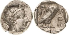 Griechische Münzen Attika Athen Tetradrachme 5./4. Jhd. v. Chr. Athenakopf nach rechts / Eule nach rechts, dahinter Ölzweig BMC 67 var. SNG Cop. 31 17.17 g. Sehr selten in dieser Erhaltung. Ohne Prüfh