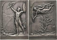 Thematische Medaillen und Plaketten Olympische Spiele und Kongresse Athen 1906 - "Zwischenspiele" Versilberte Bronzeplakette 1906 (P. Vannier) Siegerplakette. Athlet mit Schwert, Palmzweig und Schild 