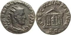 Römische Münzen Kaiserzeit Philippus I. (Arabs) 244-249 Dupondius 248, Rom 1000 Jahre Imperium Romanum. Säkularfeiern 248. Brustbild mit Strahlenkrone nach rechts, IMP M IVL PHILIPPVS AVG / Viersäulig