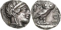 Griechische Münzen Attika Athen Tetradrachme 5./4. Jhd. v. Chr. Athenakopf nach rechts / Eule nach rechts, dahinter Ölzweig BMC 67 var. SNG Cop. 31 17.19 g. Prachtexemplar. Ohne Prüfhieb. Vorzüglich+