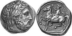 THE GREEK WORLD MACEDONIA Philip II, King of Macedon, 359-336 Estimate: CHF 3'250.00 Tetradrachm (Silver, 14.38g 5), Amphipolis, 355-349/8. Laureate head of Zeus to right. Rev. Philip II, wearing kaus